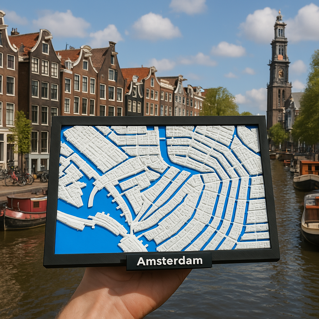 3D Geprinte Miniatuur van Amsterdam – Gedetailleerde Stadskaart en Grachtengordel - Premium Quality