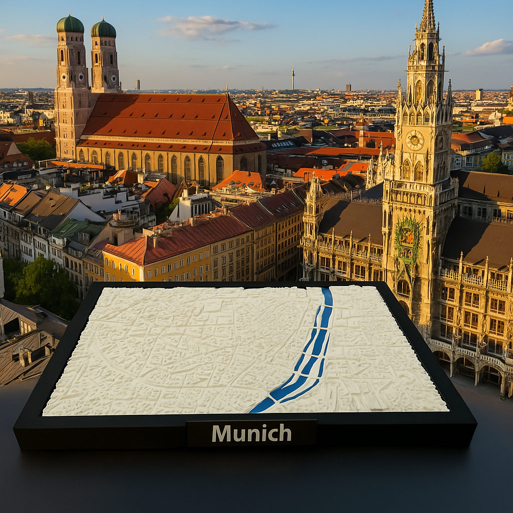 3D Geprinte Miniatuur van München – Gedetailleerde Stadskaart en Rivierlandschap - Premium Quality