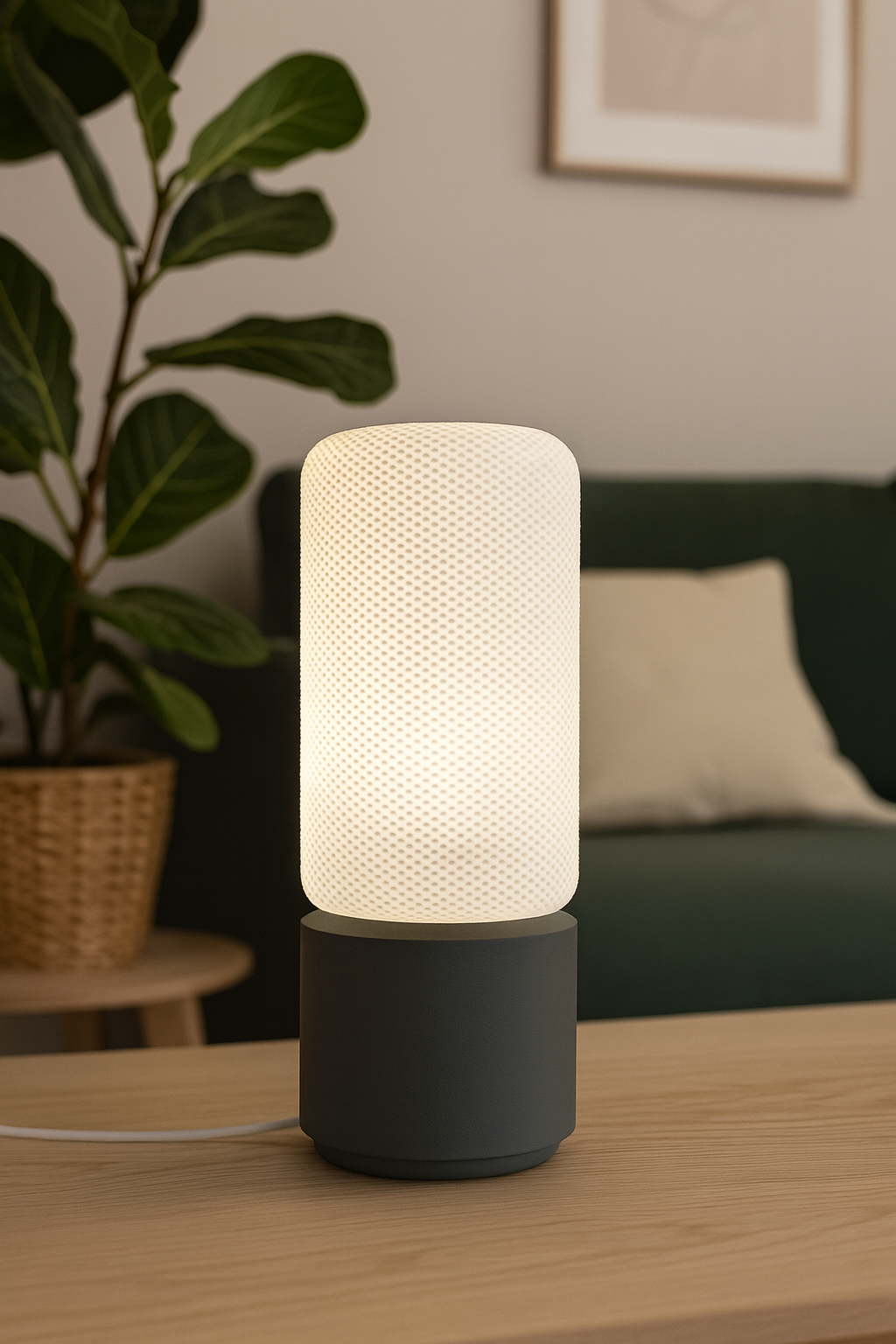 Moderne Tafellamp 'Dots' met Cilindervormige Witte Kap en Grijze Voet – Stijlvolle Sfeerverlichting